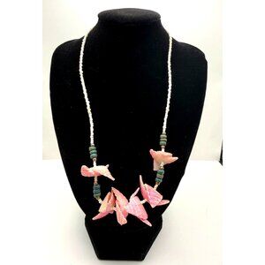 VTG Boho Pink Dyed Shell Necklace Heishi Beads Turquoise Ceramic Beads with Bras